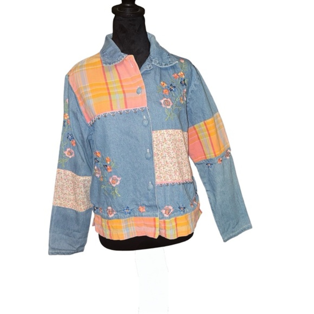Vtg Bleu Bayou Denim patchwork blazer Embroidered floral art boho Size small